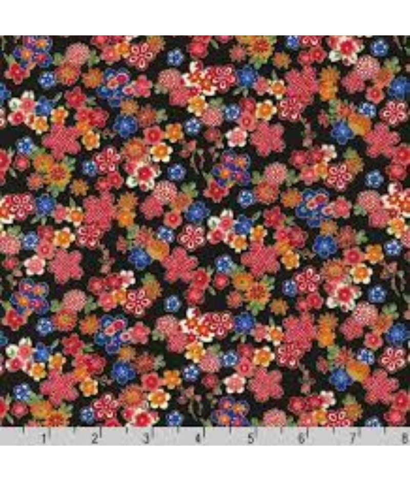 Tela Japonesa Sevenberry Sakura Brook Metallic Oriental 850288D1-4 Floral Negro